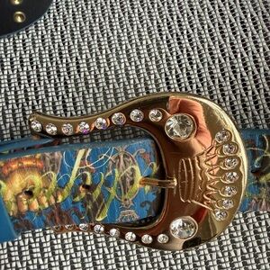 Gold and Blue Belt with Rhinestone Buckle